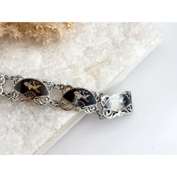 Siam Sterling Black Niello Enamel Fan Shaped Mekkalah Vintage Thai Bracelet - Picture 9 of 16